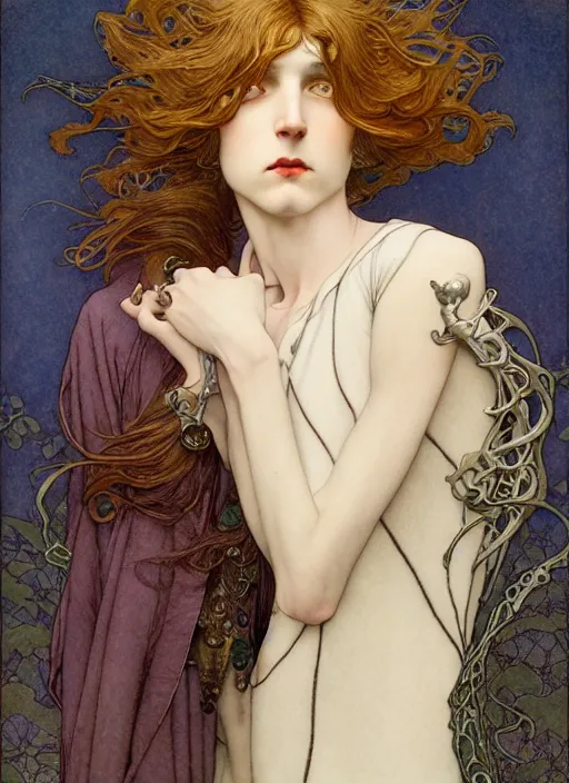 Image similar to edmund dulac, leyendecker, highly detailed portrait, a beautiful androgynous sebastian michaelis, long hair, tall and thin, wearing several pendants, art nouveau, stephen bliss, unreal engine, by greg rutkowski, loish, ferdinand knab, ilya kuvshinov, rossdraws, tom bagshaw, alphonse mucha, global illumination, radiant light