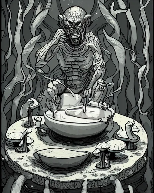 Prompt: a painting of a evil Nordic alien of pure evil, made in tones of white and grey, drinking liquid gold, in a wild mushroom fountain, bath like style, insanely detailed, loony toons style, isometric views, 8k