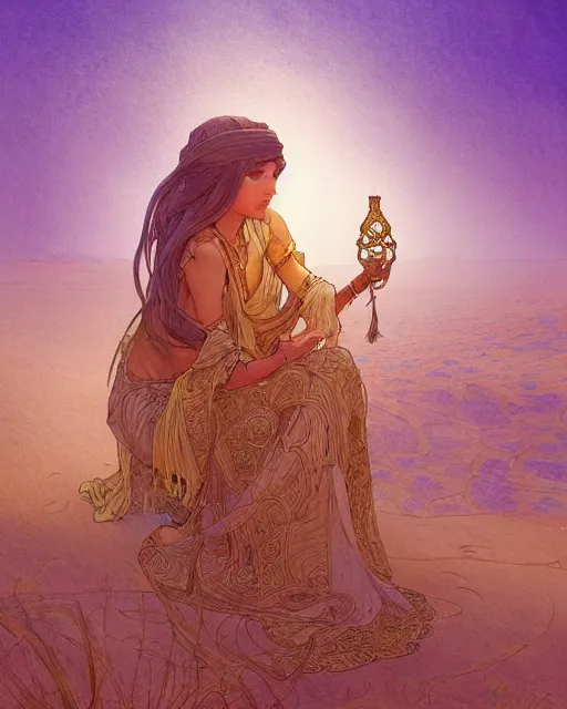 Image similar to bedouin in the desert, highly detailed, gold filigree, romantic storybook fantasy, soft cinematic lighting, award, disney concept art watercolor illustration by mandy jurgens and alphonse mucha and alena aenami, pastel color palette, featured on artstation