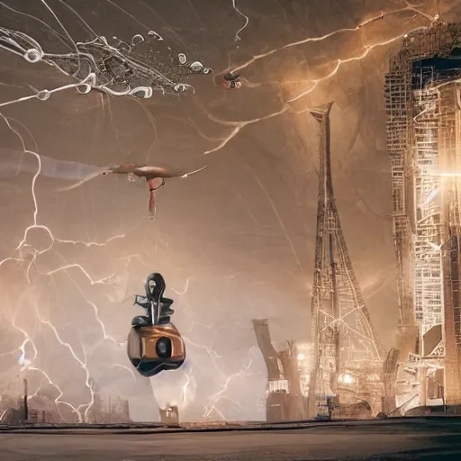 Image similar to futuristic flying car emerging from a circle of lightning in the sky, thunderstorm at night, 28mm dramatic photo