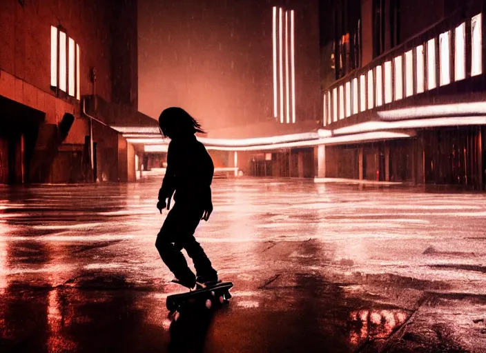 Prompt: a silhouetted person with long, flowing hair skateboards through an empty brutalist city in the rain, colored gel lighting, reflective surfaces, midnight, portra, film grain, high contrast, hyperdetailed, chromatic aberration, reminiscent of blade runner, dynamic pose