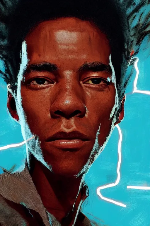 Image similar to portrait of jean basquiat, staring directly into camera, intricate, elegant, glowing lights, highly detailed, digital painting, artstation, sharp focus, illustration, art by wlop, mars ravelo and greg rutkowski