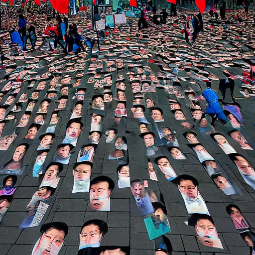 Prompt: beijing photograph cutouts of chinese protesters laying flat litter the streets of beijing, hyperreal - h 6 4 0