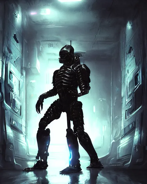 Image similar to Sci-Fi Lizard alien, armored, art by Kashin, Wadim, Martinière, Stephan, holding rifle, sharp focus, pitch black Spaceship hallway background, heroic pose, sci-fi horror artwork, octane render, dead space artwork, cyberpunk, horror, soft purple glow, warm light, occult, magical, volumetric lighting, 8k high definition, highly detailed, trending on art Station, centered, by Greg Rutkovski, sci-fi artwork, arnold render