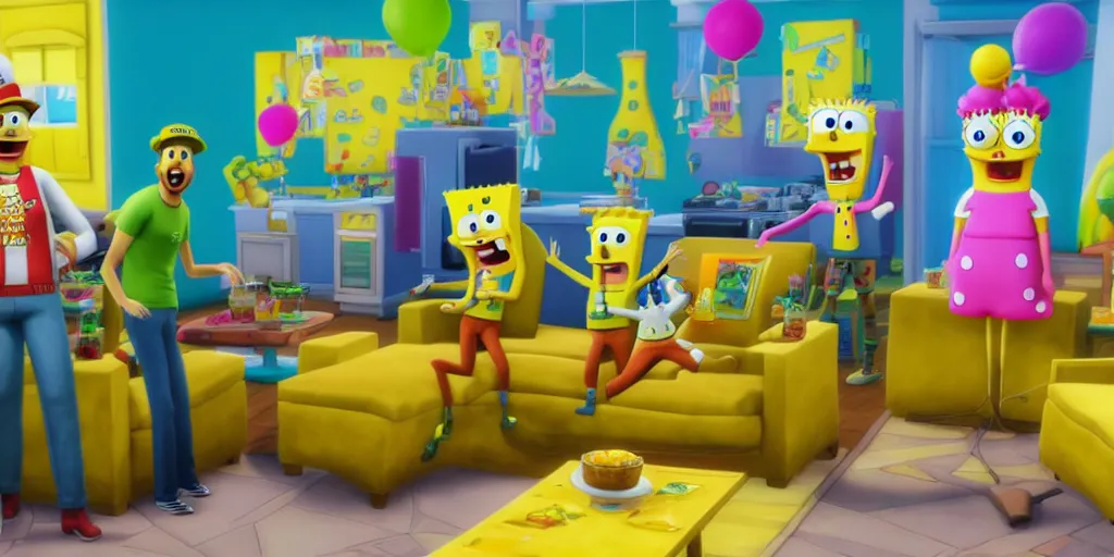 Image similar to spongebob party inside sims 4. Octane render, 4k, 8k, unreal 5, very detailed, hyper realism, trending on artstation.