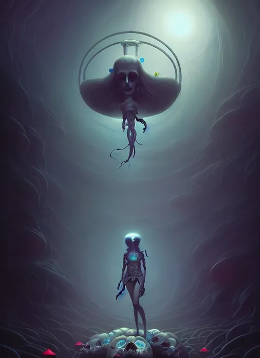 Image similar to shackled in the void, by hr beeple and cgsociety. stunning goddess of sasquatch, charlie bowater and tom bagshaw, insanely detailed, artstation, space art. atoms surrounded by skulls and spirits deep under the sea, horror, sci - fi, surrealist painting, by peter mohrbacher