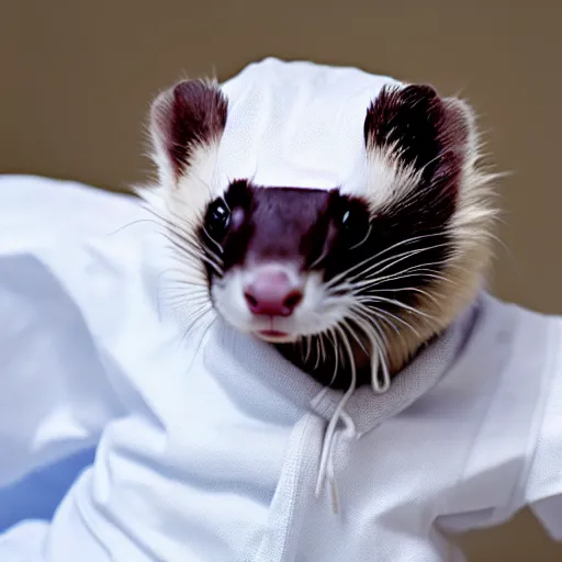 Prompt: a ferret wearing a hospital gown