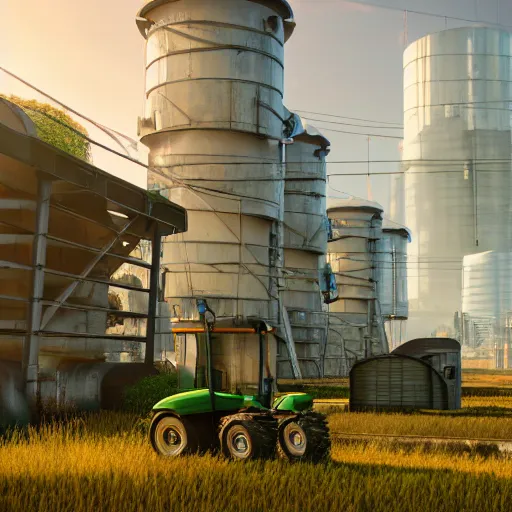 Image similar to fully detailed landscape of a cyberpunk farm , watertank, futuristic tractors, farmhouse, Ai , in the future, high quality, 8k , octane render