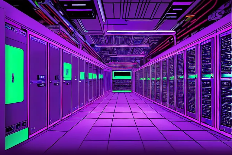 Image similar to realistic robot in a data server room, neon and dark, purple and blue color scheme, by dan mumford and malevich, katsuya terada