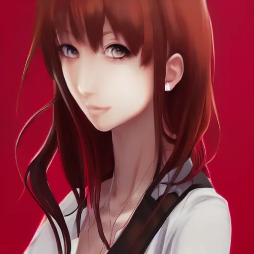 Image similar to kurisu makise, elegant, ultra highly detailed, digital painting, smooth, sharp focus, artstation, top-down shot, red background, art by Ina Wong