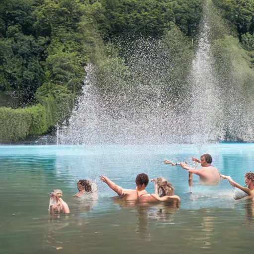 Prompt: a photograph of people diving in the waterfilled limestone quarry in gronhogen, oland, sweden, summertime, magical light