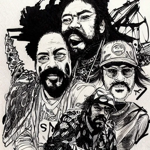 Image similar to portrait of cheech and chong, concept art, sumi - e style, intricate linework, artstation, trending, highly detailed, smooth, focus, art by yoji shinkawa,