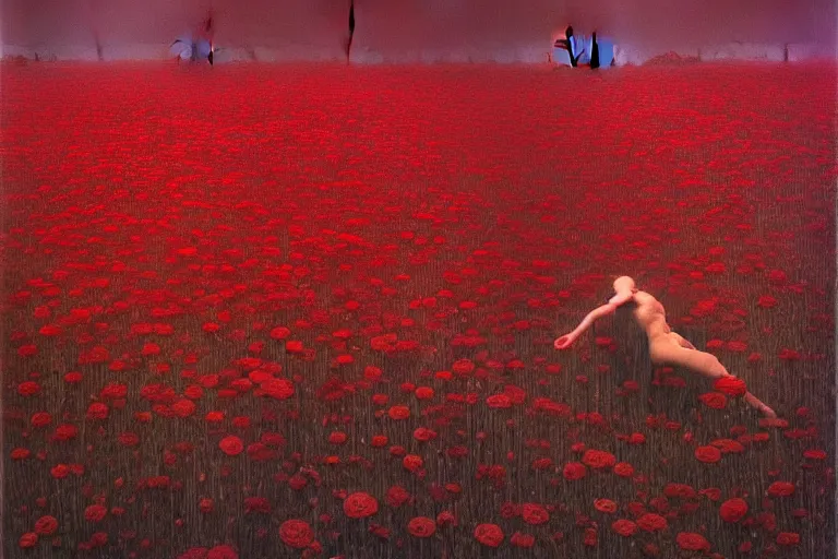 Prompt: only with red, a red expanse of flowers of different types, castle, goblins dance over the flowers in the style of beksinski, parts by edward hopper, parts by rodcenko, parts by yue minjun, intricate and epic composition, red by caravaggio, insanely quality, highly detailed, masterpiece, red light, artstation, 4 k