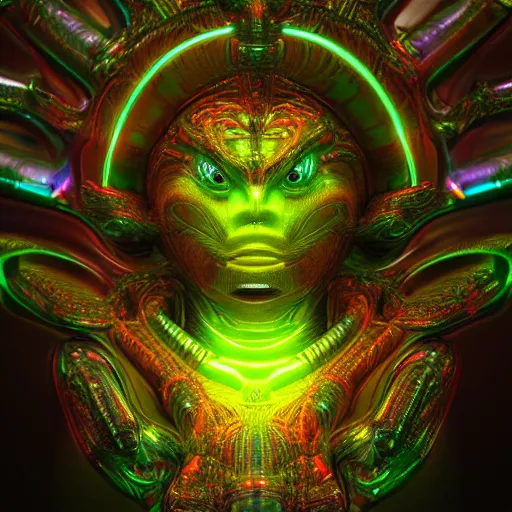 Prompt: photorealistic alien deity. hyperdetailed photorealism, 1 0 8 megapixels, amazing depth, glowing rich colors, powerful imagery, psychedelic overtones, 3 d finalrender, 3 d shading, cinematic lighting, artstation concept art