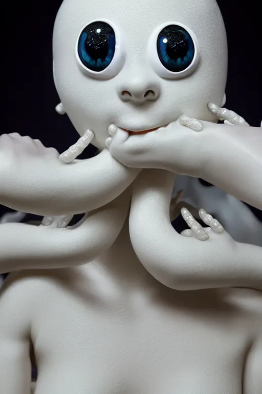 Image similar to full head and shoulders, beautiful porcelain female person, mixed with giant frog spawn eyes, smooth, delicate facial features, white detailed eyes, white lashes, 3 d white shiny thick, larg tentacles and eyeballs by daniel arsham and james jean, featured in pictoplasma