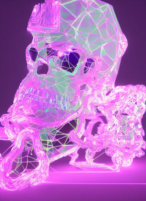 Image similar to photo of fullbodied baroque and bladerunner delicate neon diamond sculpture of seductive onyx albino marble prince kai harvatz dotado pink iridescent skull psychedelic, reclining, glowing magenta face, crown of white diamonds, cinematic lighting, photorealistic, octane render 8 k depth of field 3 d