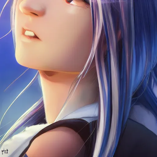 Image similar to profile shot of rimuru tempest, sky blue, straight hair, long bangs, amber eyes, wearing a black jacket with white stripes, high collar, highly detailed, unreal engine 5, digital painting, cinematic, wlop | artgerm, pixiv, yoshitaka amano, greg rutkowski, ilya kuvshinov, andy warhol