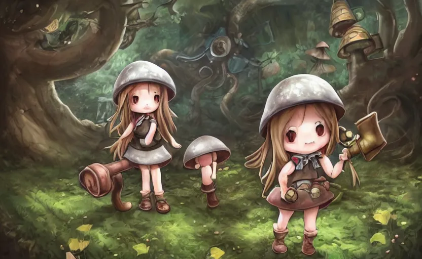 Image similar to cute little girl with an long hair wearing an mushroom hat and holding an cute cannon in the dark forest next to a sinister monster, cute artwork, clean detailed art, inspired made in abyss, detailed background, fantastic world, spectacular quality