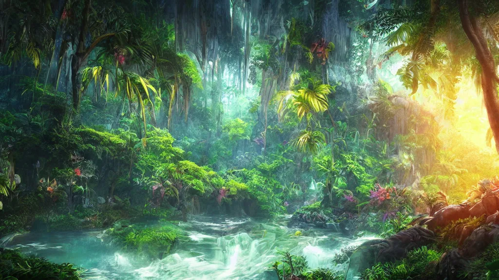 Prompt: tropical forest, fantasy artwork, very very very beautiful scenery, hd, hdr, ue5, ue6, unreal engine 5, cinematic 4k wallpaper, 8k, ultra detailed, high resolution, artstation, award winning