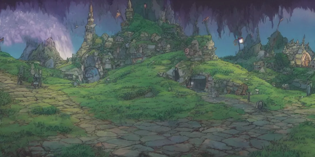 Image similar to a still of a background from howl's moving castle of hobbiton, studio ghibli, light bloom