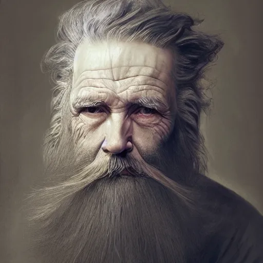 Prompt: a stunning ultra realistic pencil drawing of content old man with a long colourful beard, peaceful and graceful, by dirk dzimirsky and tom bagshaw, studio portrait, oil paint, melancholic, catchlight in the eyes, 4K