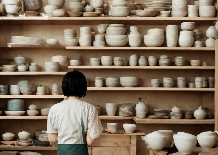 Image similar to an interior room with shelves stacked with ceramics and a person wearing an apron behind a potter's wheel, makoto shinkai, dusty