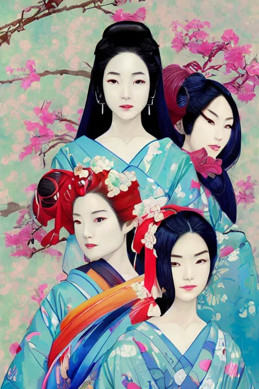 Image similar to a professional painting of 3 gorgeous Japanese Geisha girls, in brightly colored kimonos, long dark hair, beautiful bone structure, symmetrical facial features, intricate, elegant, digital painting, concept art, smooth, sharp focus, illustration, from StarCraft by Ruan Jia and Mandy Jurgens and Artgerm and William-Adolphe Bouguerea, epic, stunning, gorgeous, intricate detail, much wow, 4K, masterpiece, trending on artstation