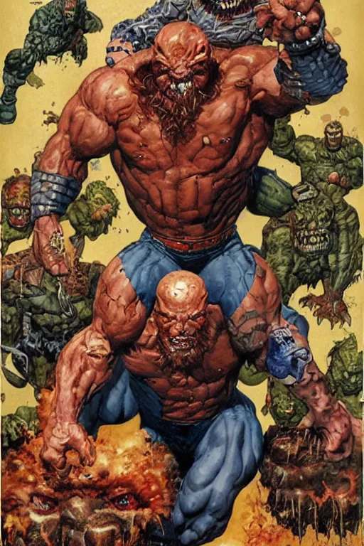 Image similar to full body and head portrait of martyn ford as marvel's the thing, dynamic action, painted by norman rockwell and phil hale and greg staples and tom lovell and frank schoonover and jack kirby, single character