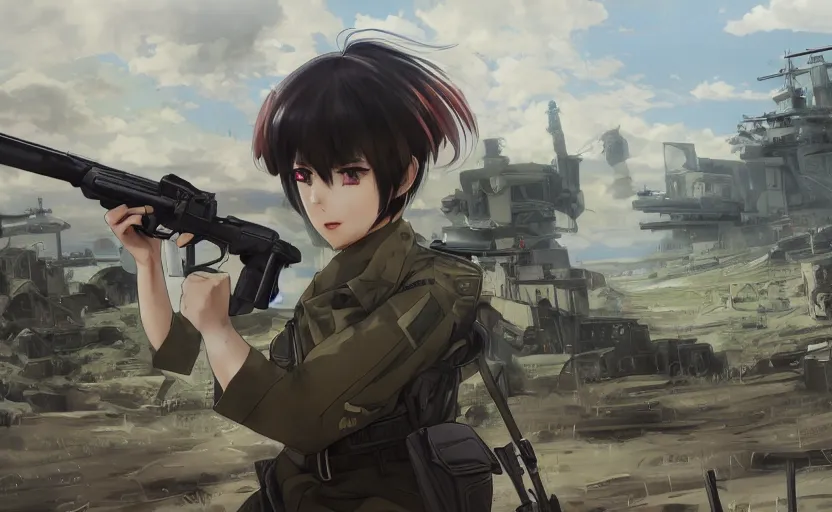 Image similar to panoramic view, girl, soldier clothing, battlefield in background, anime style, short hair, hair down, symmetrical facial features, combat googles, from girls frontline, hyper realistic, 4 k, extreme detail, detailed drawing, trending artstation, safebooru, realistic lighting, by alphonse mucha, greg rutkowski, sharp focus