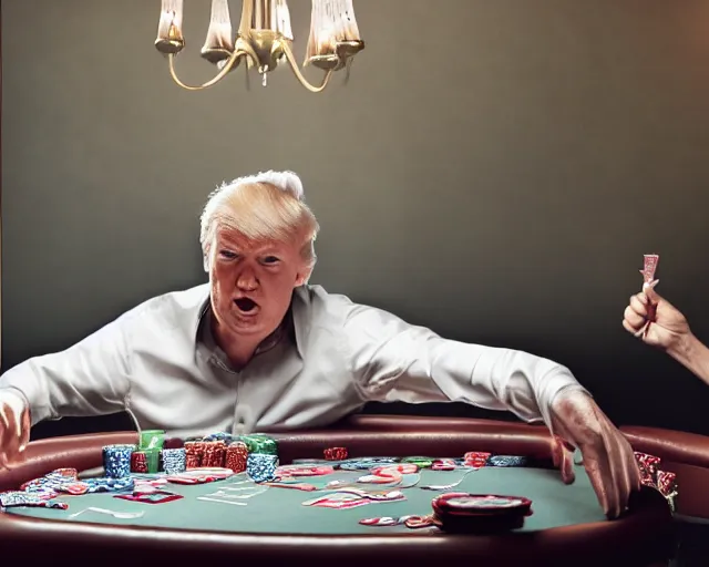 Image similar to Trump playing poker, hyperdetailed, photo realistic, dramatic lighting, Nat Geo award winner, 100mm lens, bokeh