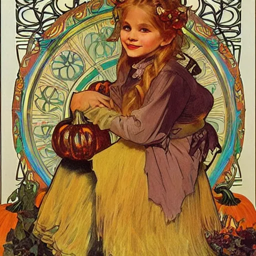 Prompt: a happy little girl with long straight golden blonde hair sitting amidst halloween decor, skulls and pumpkins. beautiful highly detailed face, beautiful painting by alphonse mucha