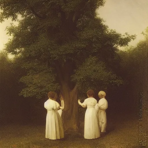 Image similar to Experimental art. a group of people gathered around a large tree in a forest. The tree is surrounded by a bright light, and the people appear to be looking up at it in wonder. pear, cream by Eastman Johnson forbidding, atmospheric