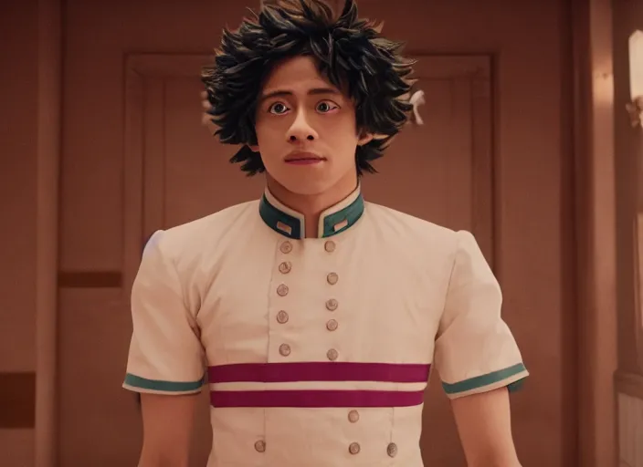 Image similar to a film still of midoriya in the grand budapest hotel ( 2 0 1 4 ), 4 k