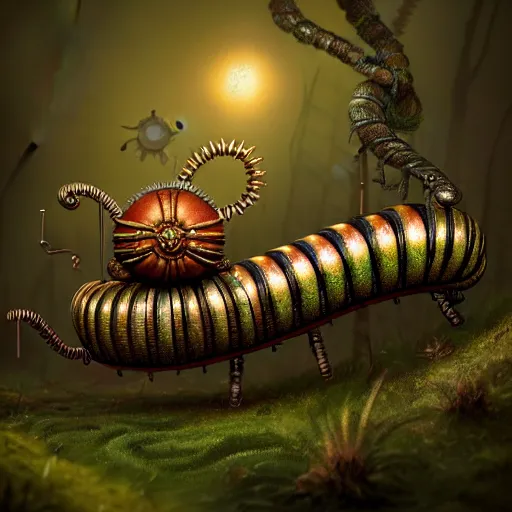 Image similar to Colour Caravaggio style photography of steampunk caterpillar in the forest, higly detailed caterpillar designed by Josan Gonzalez, many details, In style of Josan Gonzalez and Mike Winkelmann andgreg rutkowski and alphonse muchaand Caspar David Friedrich and Stephen Hickman and James Gurney and Hiromasa Ogura. Rendered in Blender, volumetric natural light