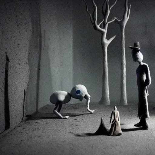 Image similar to the world between death and life, surrealistic detailed claymation art, dark, moody, foggy