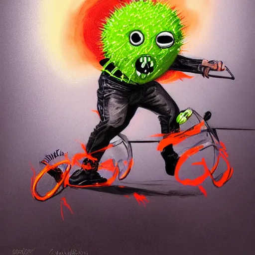 Prompt: a tennis ball monster, tennis ball, dark, chalky, motorcycle, bat vampire, digital art, fantasy, magic, trending on artstation, ultra detailed, professional illustration by Basil Gogos