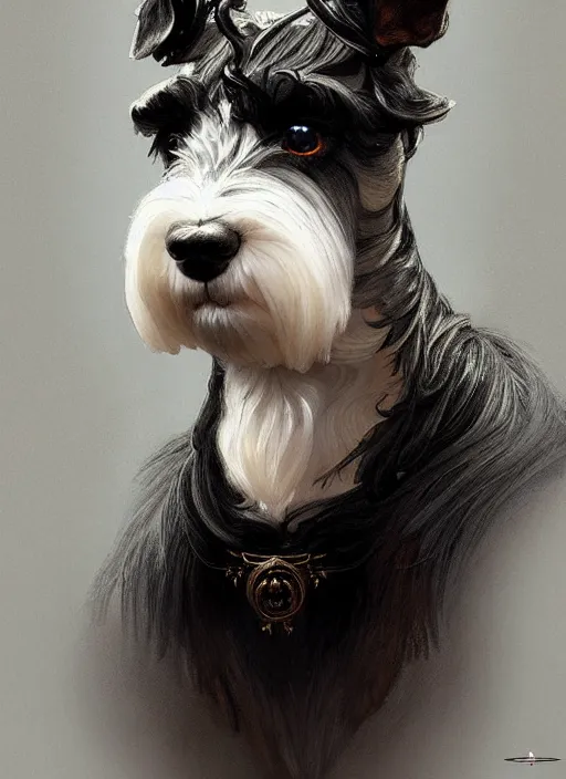 Prompt: portrait of stoic looking miniature schnauzer, black fir, white eyebrows, fantasy, intricate, elegant, highly detailed, digital painting, artstation, concept art, smooth, sharp focus, illustration, art by artgerm and greg rutkowski and alphonse mucha