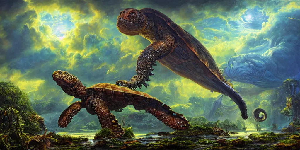 Prompt: fantasy oil painting, great leviathan, turtle cephalopod terrapin reptilian pachyderm amphibian hybrid, rainforest mountains, lush plants flowers, epic natural light, bright clouds, luminous sky, alien spacecraft, outer worlds, bright cinematic key lighting, michael cheval, michael whelan, vray, 8 k hd