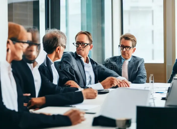 Image similar to photo of well dressed cats in spectacles at a management board meeting. Highly detailed 8k. Intricate. Sony a7r iv 55mm. Stock photo.