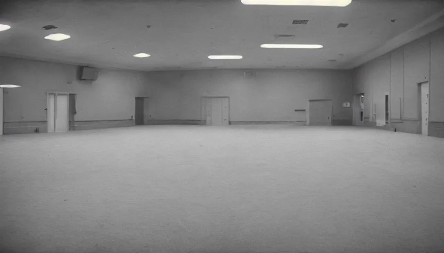 Prompt: 60s movie still of a sovietic empty ballroom, cinestill 800t 8mm eastmancolor, liminal Space style, heavy grain