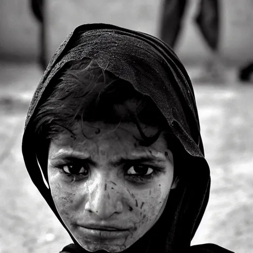 Prompt: the haunting expression, a mixture of pain and resilience, of a child thought to be around 1 2, was dubbed the afghan girl. she became a symbol of war, displacement and defiance after american photographer steve mccurry captured her image in a refugee camp in peshawar, on the afghanistan - pakistan border