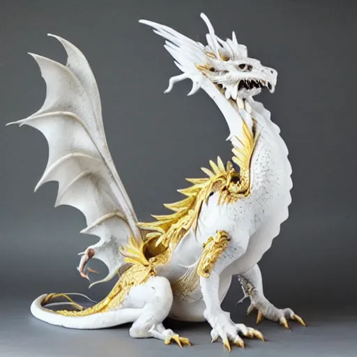 Image similar to feathered dragon, white marble with gold accents, by ellen jewett