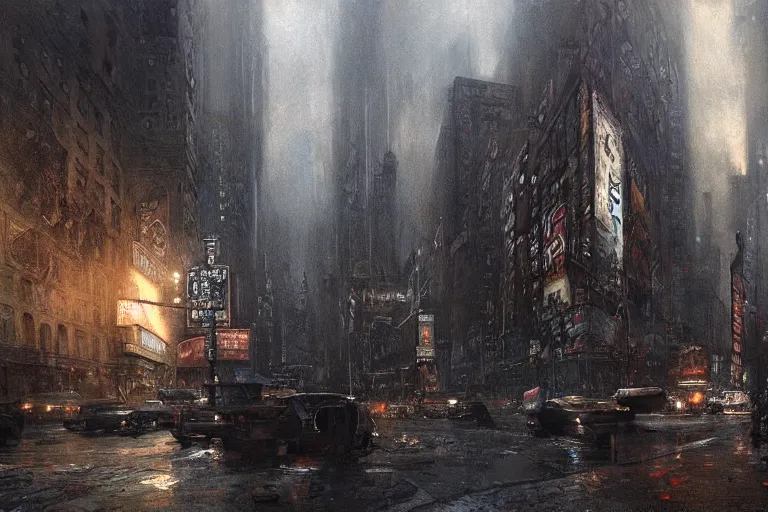 Image similar to New York City, moody scene, highly detailed, intricate, sharp details, dystopian mood, 1950 scene by gaston bussiere, craig mullins, somber lighting, drawn by Giacomo Burattini, inspired by graphic novel cover art