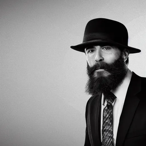 Image similar to bearded rugged man, noir detective, suit and tie, 4 k, photo realistic, black and white