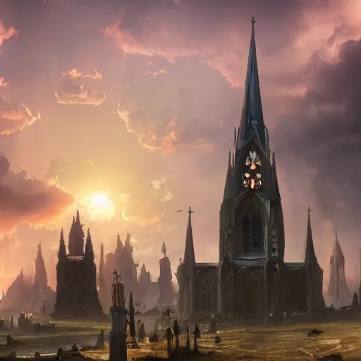 Image similar to powerful epic invasion, gothic church un the middle of the scene, sunset orange clouds, trending artstation