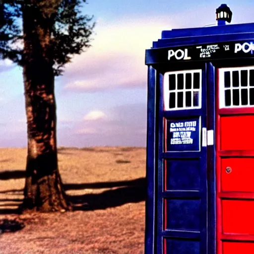 Image similar to christopher lloyd as doctor who in front of tardis, directed by james cameron, 1 9 9 9