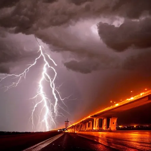 Image similar to stunning shot of the most incredible hurricane destroying a city, people cars and trucks are flying into the air, lightning, thunderstorm, fire