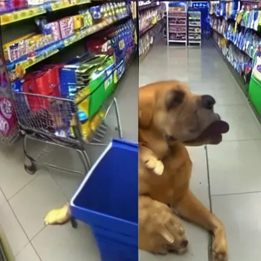 Image similar to drunken scooby at walmart checkout, realistic, cctv