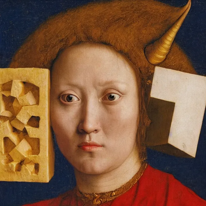 Prompt: a closeup portrait of a horned woman, holding up a block of iridescent tofu, tofu block, tofu cubes, by jan van eyck