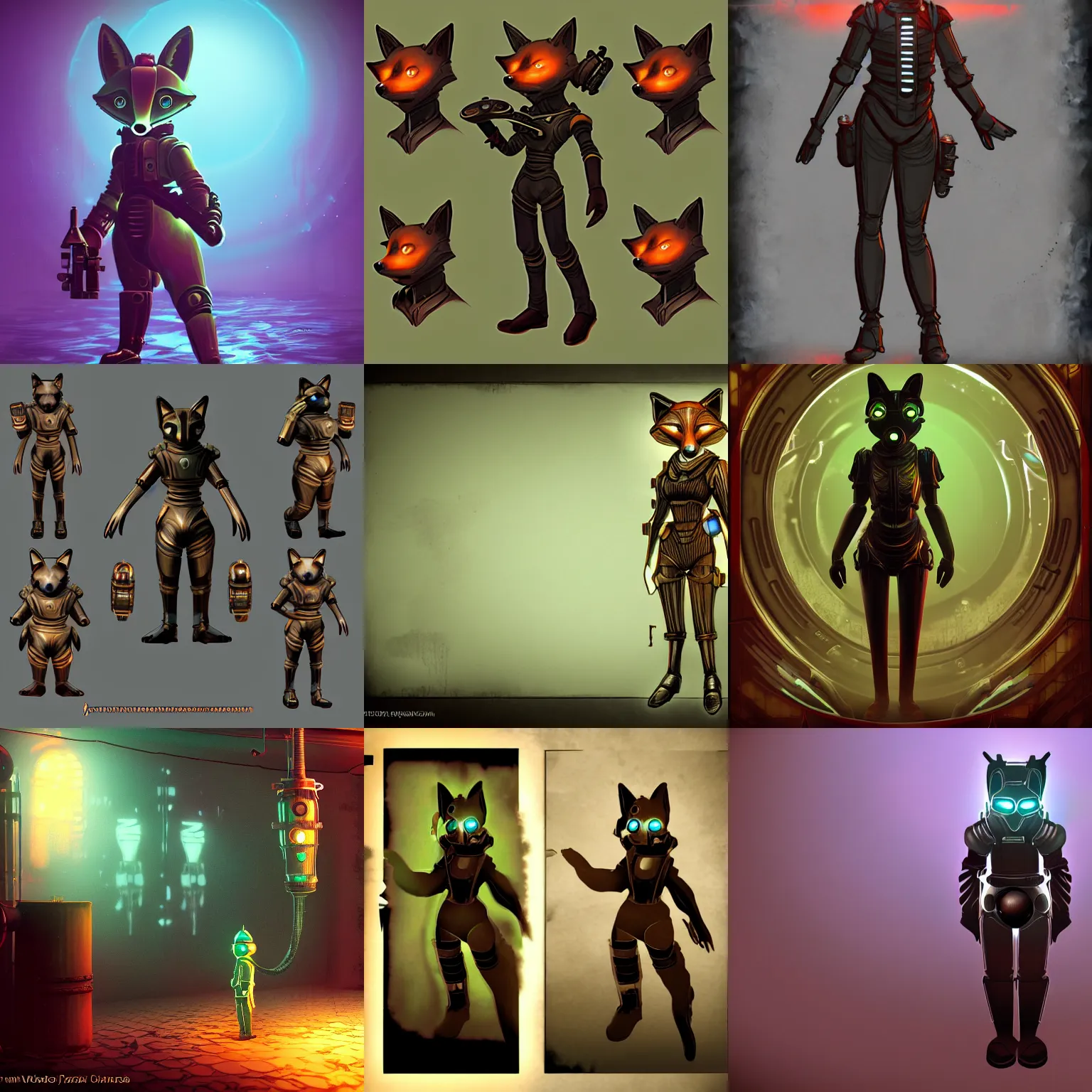 Prompt: Android fox character in the style of bioshock, unwater scene, caustics, concept art